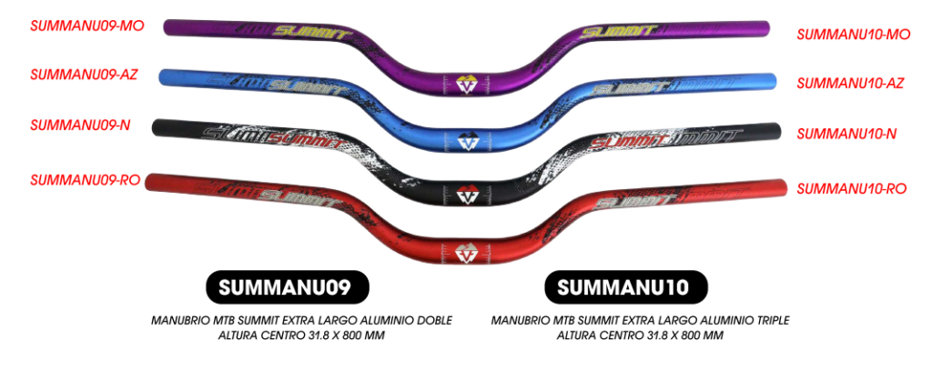 MANUBRIO MTB SUMMIT ALUMINIO DOBLE ALTURA 31.8 MM X 800 MM COLORES